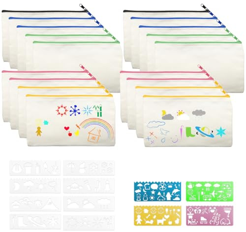 QinyOulhause DIY Blanko Stoffbeutel 18 Stück Federmäppchen zum Bemalen 21 x12 cm Stoffbeutel zum Bemalen Kosmetiktasche inkl. Zeichenvorlagen für Kinder Kunst Schule Reise