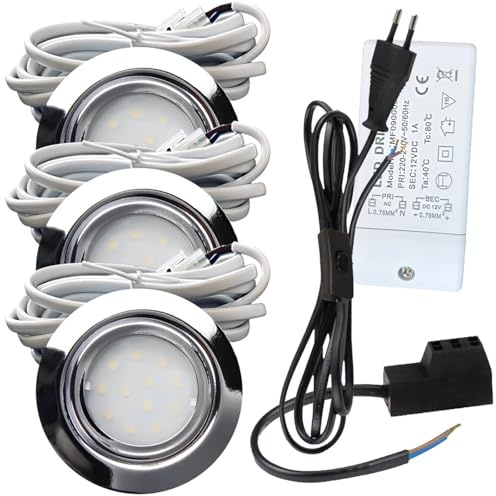 3er Set LED Einbauspot Leni 12V 2,2W Neutralweiß 4000K Chrom | IP44 Ø72mm flach | 240lm je Leuchte | Mit Trafo, AMP-Verteiler & 230V Zuleitung inkl. Schnurschalter | Für Küche & Möbelbeleuchtung