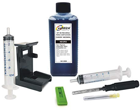 refill24 Nachfüllset: Nachfülltinte 250 ml kompatibel für Druckerpatronen Canon PG-540, PG540 XL Schwarz + Zubehör + Anleitung, Refillset mit Druckertinte für Pixma MG MX TS