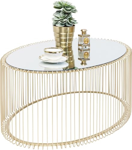 Kare Design Couchtisch Wire Uno, Brass, Wohnzimmertisch, Beistelltisch, Stahlgestell, Glas Tischplatte, oval, 41x90x60 cm (H/B/T)