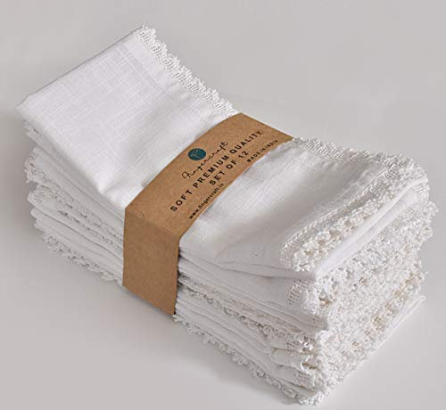 Fingercraft Dinner Napkin Cotton 12 Pack Premium Quality Mitered Corners Napkin Cloth with Elegant Lace for Everyday Use, Hotel, Wedding, Parties are Pre Shrunk and Good Absorbency with Lace White