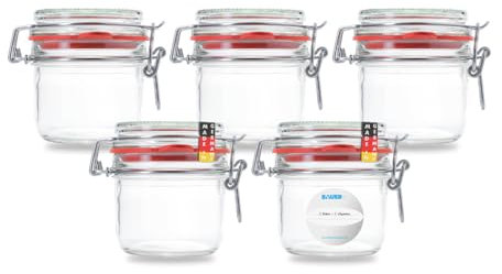 Flaschenbauer - 5-teiliges Set Drahtbügel-Vorratsgläser 255 ml geeignet als Einmach- und Fermentierglas, zur Aufbewahrung und zum Befüllen, Gläser mit Drahtbügel – Made in Germany, inklusive Etiketten