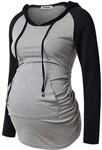 GINKANA Umstands-Kapuzenpullover mit langen Ärmeln, lässiges Umstands-Top, Schwangerschafts-Sweatshirt, Freizeitkleidung, Gery With Black, X-Groß