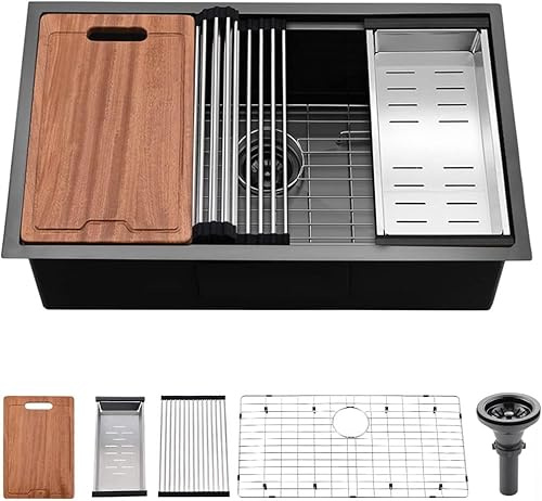 33 Inch Black Undermount Kitchen Sink Workstation-Bokaiya 33x19 Kitchen Sink Undermount Black Stainless Steel 16 Gauge 10 Deep Single Bowl Kitchen Sinks with Cutting Board