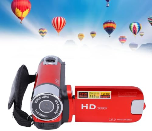Videocámara de Mano Videocámara 16X Videocámara Full HD Pantalla de 2,4 Pulgadas Rotación de 270 Grados, Cámara Digital con Sensor COMS Altavoz Incorporado, Cámara de Video Digital para(UE-Rojo)