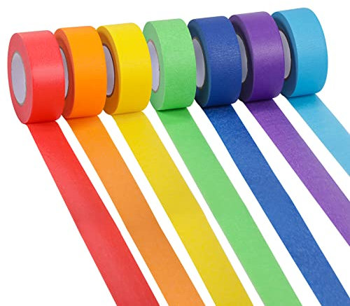 VECOPE Colored Masking Tape–7 Different Color Rolls–1 Inch x 22 Yards of Colorful Craft Tape – Art Supplies for Kids Colored Painters Tape–Labeling and Color-Coding (Seven-Color)
