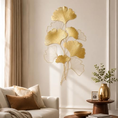 Kangten Decoración de Pared Ginkgo 3D Metal Esculturas de Pared Hojas Fondo Pared Salón Oro 110x55cm