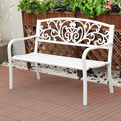 XIGOUZIQU Patio Outdoor Garden Bank, 50 Zoll Gusseisen-Metall-Loveseat-Stühle mit Armlehnen for Park, Hof, Veranda, Rasen, Balkon, Hinterhof, antike Sitzmöbel (Color : White)