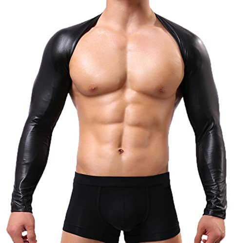 WEITING Männer Kunstleder Brustgeschirr Mesh Patchwork Dessous Harness Tops Langarm Latex Crop Top Sexy Club Party Schwarz Kostüme-Schwarz, L