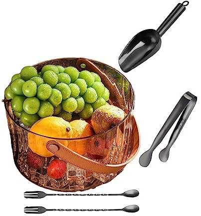 Cutfouwe Eiseimer/Ice Bucket aus Acryl mit Ledergriff - Sekt- und Getränkekühler inklusive Eiszange, Schaufel und 2 Rührlöffeln - Perfekt für Festival, Party, Zuhause, Bar,Orange,C