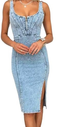 utcoco Denim Dress for Women Sleeveless Side Slit Bodycon Midi Jean Dresses for Women 2024 (Large, Light Blue)