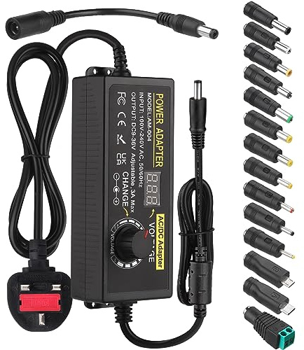 Adjustable Power Supply, 9V-36V 3A 108W DC Variable Universal AC/DC Adapter 100V-240V AC to DC Converter with Multiple Converter Heads & LED Voltage Display