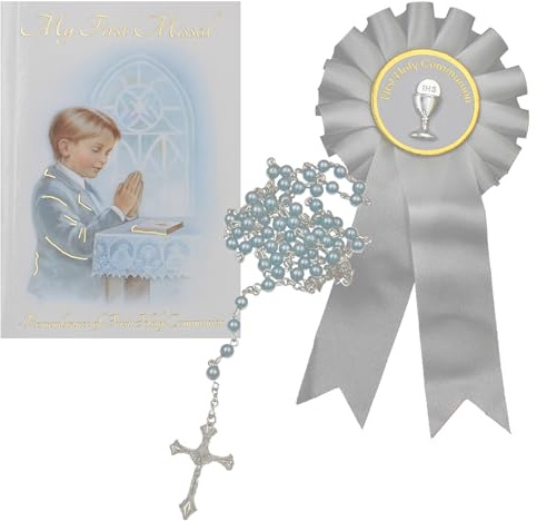 First Holy Communion Gift Set Boy Missal Book, Rosary and Rosette C5202 - 0215