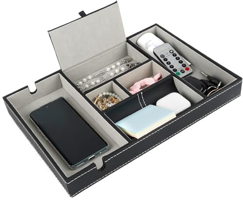 CAUTIOUS Ablage Tablett, Schreibtisch Organizer Leder(35X24X4.2cm) mit 6 Fächer, Zettelbox, Schlüsselschale, Schmuckschale, Büro Organizer für Handy Schlüssel (schwarz)