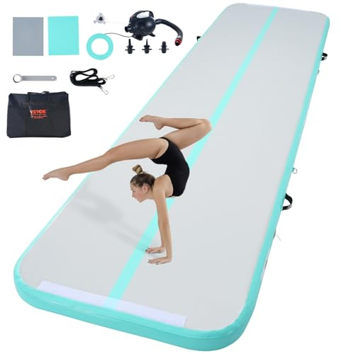VEVOR Tapis de Gymnastique Gonflable 10 cm Épaisseur, Piste d’Acrobatie avec Pompe Électrique, Tapis d'Entraînement pour Usage Domestique/Salle de Sport/Yoga/Cheerleading/Plage/Parc, 4 m, Vert Menthe