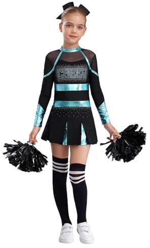 Linjinx Kids Girls Cheer Leader Costume Halloween Cheerleading Long Sleeve Crop Top Skirt and Pom Poms Stocking Hair Tie Blue Green&Black A 14 Years