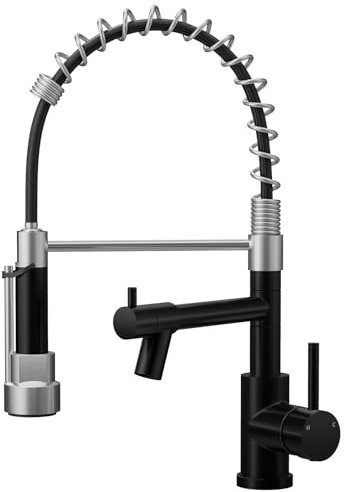Warmiehomy Professional Kitchen Tap,High Arc Kitchen Taps with Pull Out Sprayer,360° Swivel Double Spouts Spring 1 Hole Kitchen Taps Mixer for Kitchen,Black&Chrome