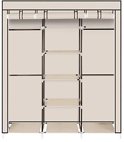 Bonnlo Kleiderschrank, Offener Kleiderschrank Stoff, 150 x 45 x 175 cm, Stoffschrank mit Kleiderstange & Ablagen Stabil, für Schlafzimmer, geräumig, Faltschrank, Beige