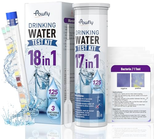 Pawfly 18 in 1 Drinking Water Test Kit, 125 Strips for Tap Water Well Swimming Pool Aquarium Spa, Home Water Quality Test Strips for pH Hardness Chlorine Lead Iron Copper Nitrate Fluoride & More