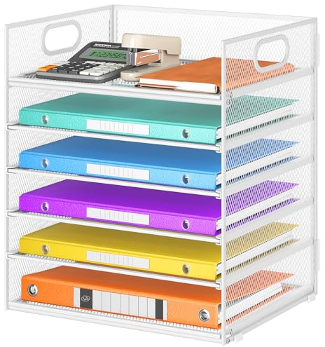 VITVITI Organizador de Escritorio con Archivador, Bandeja de Papel de 6 Niveles con Asa, Malla de RellenoOrganizador para Material de Oficina en Casa, Accesorios de Oficina Ordenados - Blanc