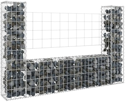 Juroupi U-shape Gabion Basket with 2 Posts Iron 140x20x100 cm,U-shape Gabion Basket,Gabion Basket,Mesh for Stones,Garden Decor Wall Partition-151275
