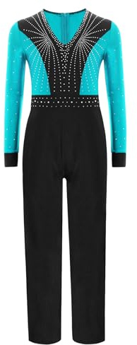 Ocealan Kids Boys Sparkle Figure Skating Jumpsuit Latin Dance Leotard Color Block Long Sleeve Ballet Bodysuit Dancewear Blue Green 10 Years