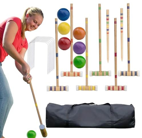 WJnflQN Krocketspiel, Krocket -Set für Erwachsene,6 Spieler Lustige Rasenspielset | Wiederverwendbares hölzerne Bowling -Set, Outdoor -Sportset für Männer, Frauen
