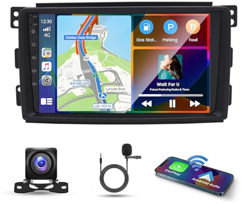 9 Inch Android 14 Car Stereo for Mercedes-Benz Smart Fortwo 2005-2010 IPS Touch Screen 2 Din Car Radio Receiver w/Carplay Android Auto GPS Navigation Bluetooth Wifi BT SWC FM Backup Camera Mic, 2+32G