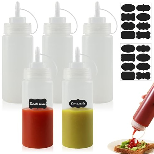 FYting Kökspipett, 5 stycken flaska sås, 250 ml, med 2 vågar, BPA-fri, läckage, 2 ark med etikettpapper, för ketchup, senap, majonnäs, DOlive-olja (8 OZ)
