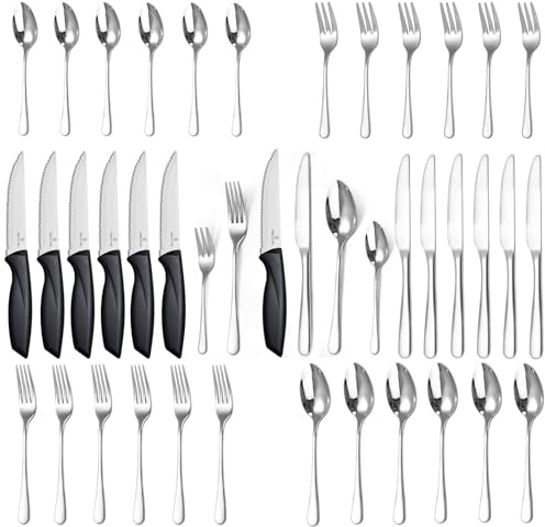 Targzier Besteck Set 6 Personen,36 teiliges Edelstahl Silbern Besteckset mit Steakmesser,Elegantes Essbesteck Set mit Messer Gabel Löffel,Bestecksets für Küche/Haus/Hotel,Hochglanzpoliert