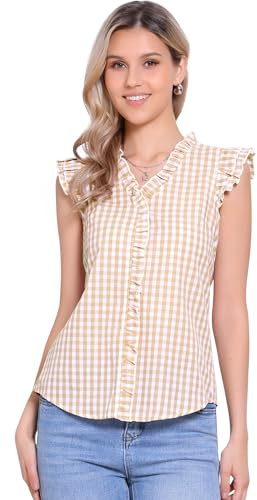 Allegra K Camisa con Volantes para Mujer de los años 50, Cuello en V, Manga Casquillo, Blusa a Cuadros a Cuadros Caqui Claro XL