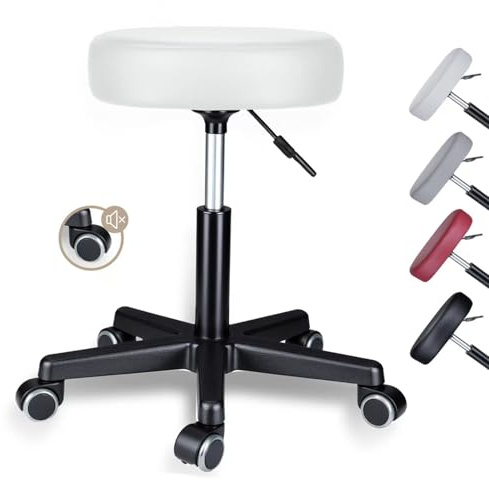 Zedelmaier Rollhocker höhenverstellbar, leise Rollen, 44–58 cm, Weiß | Kunstleder, 10 cm Polster, bis 130 kg, 360° drehbar; Hocker mit Rollen als Büro-, Werkstatt-, Praxis- oder Kosmetikhocker