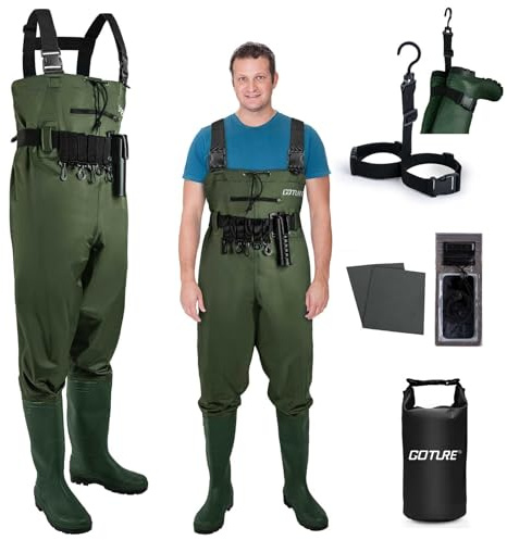 Goture Cuissardes de Waders Peche Homme Unisexe, 70D Nylon, Waders étanches pour la pêche avec Poche étanche, Chasse, Waders avec Pied de Botte, Poche étanche pour téléphone Portable, Vert