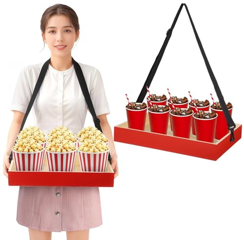 Plateau à goûter portable en bois avec sangle réglable, porte-boissons pour fêtes, plateau de service vintage rouge pour pop-corn et boissons