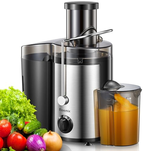 Reemix Centrifugal Juicer, 800W, 75mm Wide Chute | Features dual speed control, stainless steel filter, 600ml juice jug, 1800ml pulp collector, and cleaning brush