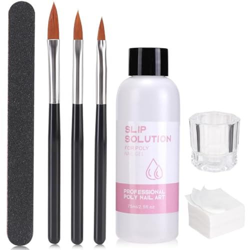 Slip Solution Acrygel 75ml Soluzione Acrigel per Unghie Liquido Acrilico Polygel Nail, 3 Pennelli 1 Tazza di Cristallo 100 Fogli di Pulizia 1 Lime per Unghie, per Builder Gel, UV/LED Nail Extensions