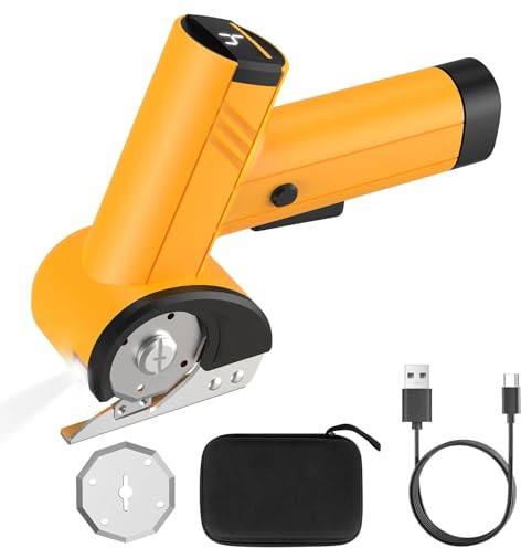 Cordless Electric Scissors with LED Display, 2000mAh Rechargeable Cardboard Box Cutter with Safety Lock 2 Blades LED Light, 4-Speed Adjustable Rotary Cutter for Cardboard Fabric Leather Carpet