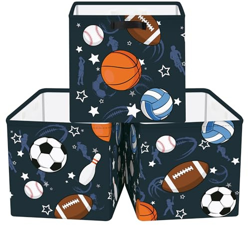 Clastyle Set di 3 Cubi Portaoggetti Ripiegabili Palla sportiva Kallax Contenitori Pieghevole per Scaffale Scatole Portaoggetti Genitore per Libro Giochi, Pallacanestro, 30x30x30 cm