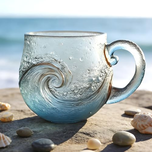 Sea Glass Wave Mug 12oz, Handblown Ocean Wave Glass Cup with Textured Design, Blue Glass Mug for Tea, Coffee or Cocktails, Unique Gift for Beach Lovers (1 Piece)