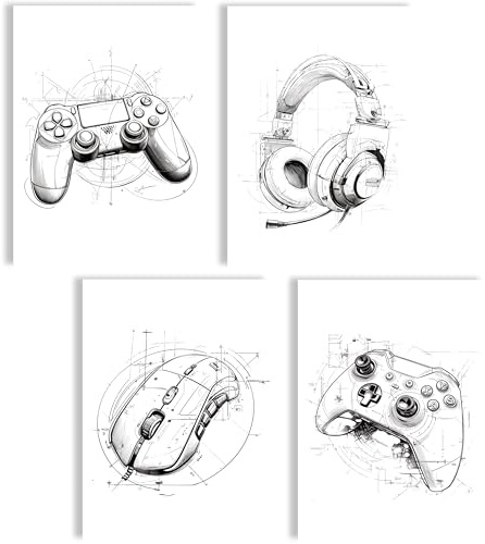 mojoliving Gaming Poster Set Controller Headset Maus Technik Wandbilder Sketch Design Moderne Wanddeko Wohnzimmer Büro Gaming Room Jugendzimmer