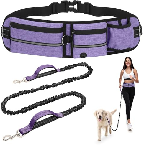 Faneam Guinzaglio Mani Libere per Cani con Marsupio e Porta Borraccia, Cintura Regolabile, Elastico Anti-Tiro Allungabile 150-220cm, Guinzaglio per Cani per Corsa Jogging Trekking, Viola