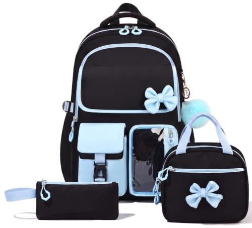 Amythe Cartable École Ados Filles 10 à 18 ans 3 pièces Set, Bleu | Imperméable 3 pièces Ergonomique Bleu Daypack Multi-Poches Spacieux Robuste pour École Voyage Randonnée