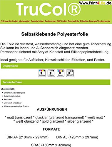 Klebefolie 10 x DIN A3 Silber glänzend Druckerfolie, klebend, zum Bedrucken, Wetterfest, Wasserfest für Laserdrucker Kopierer Farblaser Farbkopierer
