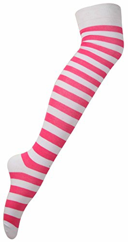New Womens Over Knee Long Horizontal Stripe Print Ladies Thigh High Striped Patterned Overknee Socks Pink & White