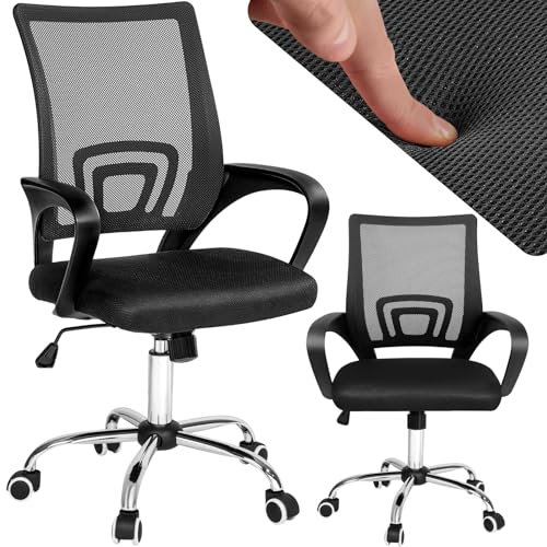 tectake® Bürostuhl, Drehstuhl mit Rollen, Schreibtischstuhl mit Lordosenstütze & Armlehnen, Bürostuhl ergonomisch, höhenverstellbarer Computerstuhl, Chefsessel mit Wippfunktion - schwarz