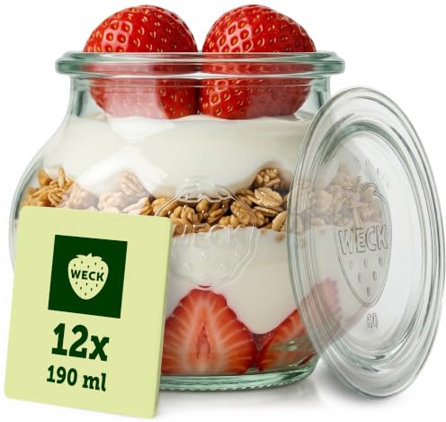 Weck Gläser 190ml – 12er Set mit Deckeln – Schmuckform – robuste, stapelbare Vorratsgläser & Einweckgläser - Glasbehälter ideal für Servieren von Dessert und Dekoration – Made in Germany