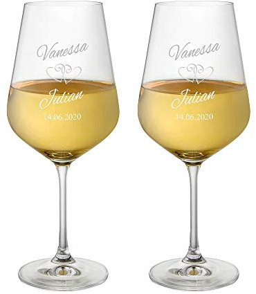 AMAVEL Set de 2 Verres à Vin Blanc et Rouge Personnalisés avec Noms et Date, Cœurs Mariage, Volume 500 ML