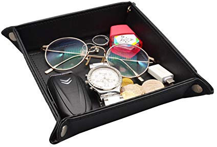 aolaso Betesbricka, bricka i PU-läder för smycken, fångst, myntbricka för nyckel, plånbok, telefonklockor, godis, för kvinnor, män, skrivbord, prydnadssak, sängkant, organiseringsbricka, svart