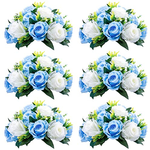 NUPTIO 6 künstliche Blumensträuße künstlicher Blumenstrauß, 15 Plastikrosen im Strauß mit Halter, geeignet für das Blumenregal aus unserem Shop für Party, Valentinstag, Heimdekoration (Blau und Weiß)