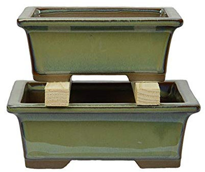Geosism & Nature Vasi per bonsai Giapponesi Morrisan rettangolari in gres smaltato verde (Set da n.2 pezzi) - B05-3